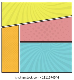 Colorful comic book page background in pop art style. Empty template with rays and dots pattern. Vector illustration
