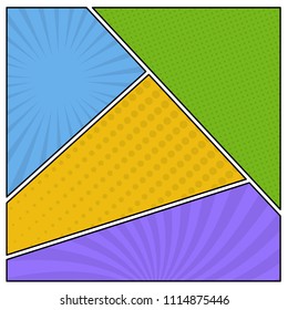 Colorful comic book page background in pop art style. Empty template with rays and dots pattern. Vector illustration