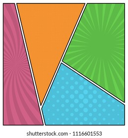 Colorful comic book page background in pop art style. Empty template with rays and dots pattern. Vector illustration
