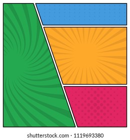 Colorful comic book page background in pop art style. Empty template with rays and dots pattern. Vector illustration
