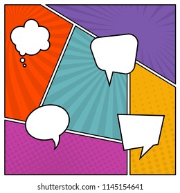 Colorful comic book page background in pop art style with empty speech bubbles. Template with rays and dots pattern. Vector illustration