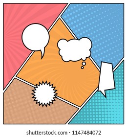 Colorful comic book page background in pop art style with empty speech bubbles. Template with rays and dots pattern. Vector illustration