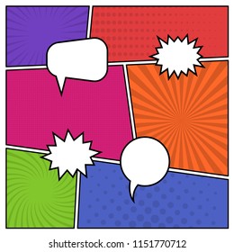 Colorful comic book page background in pop art style with empty speech bubbles. Template with rays and dots pattern. Vector illustration
