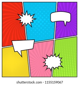 Colorful comic book page background in pop art style with empty speech bubbles. Template with rays and dots pattern. Vector illustration