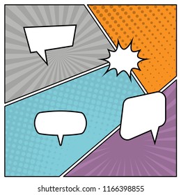 Colorful comic book page background in pop art style with empty speech bubbles. Template with rays and dots pattern. Vector illustration