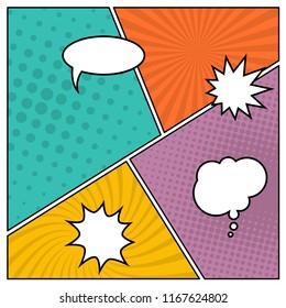 Colorful comic book page background in pop art style with empty speech bubbles. Template with rays and dots pattern. Vector illustration