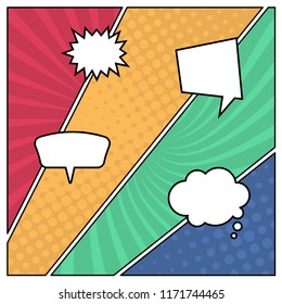 Colorful comic book page background in pop art style with empty speech bubbles. Template with rays and dots pattern. Vector illustration