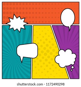 Colorful comic book page background in pop art style with empty speech bubbles. Template with rays and dots pattern. Vector illustration
