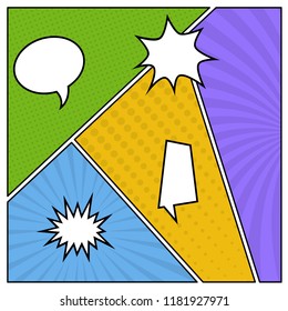 Colorful comic book page background in pop art style with empty speech bubbles. Template with rays and dots pattern. Vector illustration