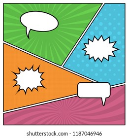 Colorful comic book page background in pop art style with empty speech bubbles. Template with rays and dots pattern. Vector illustration
