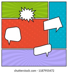 Colorful comic book page background in pop art style with empty speech bubbles. Template with rays and dots pattern. Vector illustration