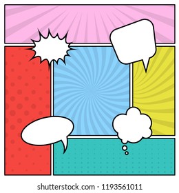 Colorful comic book page background in pop art style with empty speech bubbles. Template with rays and dots pattern. Vector illustration