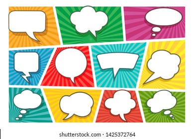 Colorful comic book page background with different blank white speech bubbles in pop-art style. Vector illustration