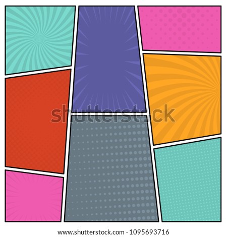 Colorful comic book page background in pop art style. Empty template with rays and dots pattern. Vector illustration