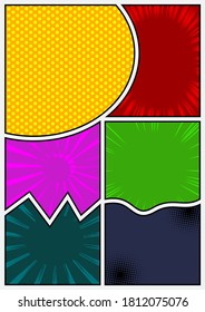 Colorful comic book page template. Cartoon design colored background. Comics vector illustration.