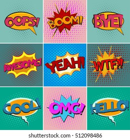 colorful comic book speech bubbles set with texts on a dots pattern backgrounds in pop-art retro style, vector