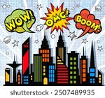 Colorful comic book style cityscape is exploding with wow!, omg!!, and boom! speech bubbles