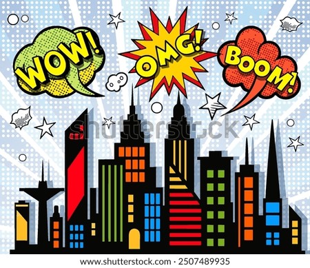 Colorful comic book style cityscape is exploding with wow!, omg!!, and boom! speech bubbles