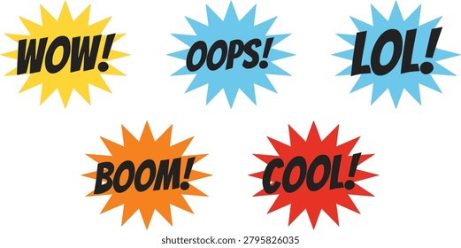 Colorful comic book style speech bubbles with expressive action words like WOW and BOOM.