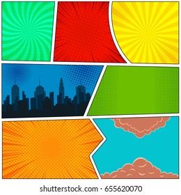 Colorful comic book template with night city, halftone, smoke, rays, radial and dotted effects in pop art style. Vector illustration