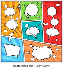 Colorful Comic Books Dialog Bubbles, Cartoon Superhero Scrapbook Page Template With Empty Clouds 