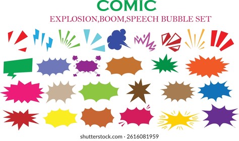 Colorful Comic burst explosion vector, comic boom elements, and speech bubbles in black background isolated. Ideal for comic designs, pop art, and retro style illustrations
