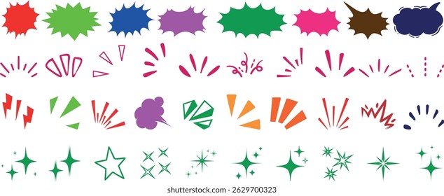 Colorful comic burst, sparkle, and speech bubble set for vibrant designs. dynamic star, explosion, and action effects artwork vector illustration pack