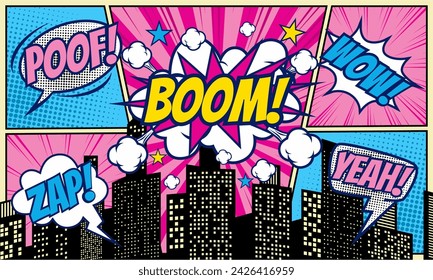Colorful comic cartoon background with city silhouette