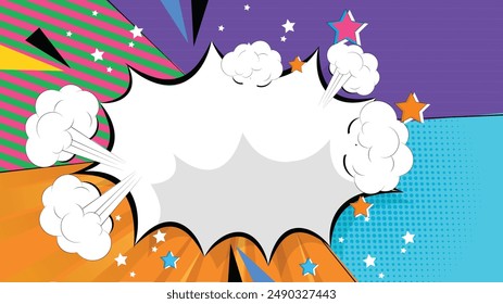 Colorful comic cartoon contrast background with halftone frame and lightning