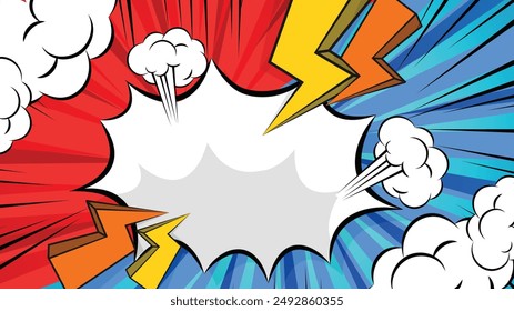 Colorful comic cartoon contrast background with halftone frame and lightning