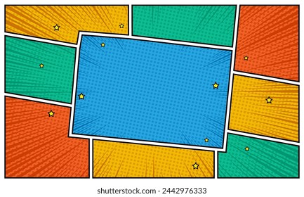 Plantilla de fondo de panel de dibujos animados de cómic colorido con efecto punteado
