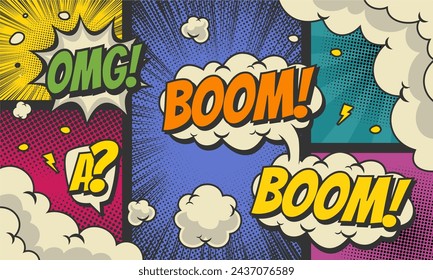 colorful comic cartoon panel page background with speech bubble expression