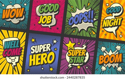 Colorful comic cartoon panel in pop art background with speech bubble expression