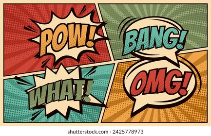 Colorful comic cartoon speech bubble set classic retro background template