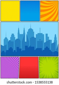 Colorful comic composition with blue cityscape radial rays slanted lines halftone effects. Vector illustration