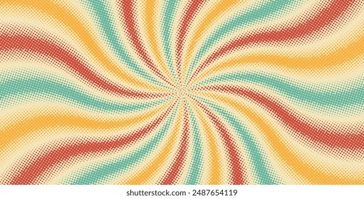 Colorido fondo de arte pop punteado cómic en estilo retro groovy, con puntos, puntos, rondas, círculo, rayos que irradian desde el centro. Abstractas textura de semitonos. Plantilla para el Anuncio, volante. Vector EPS10