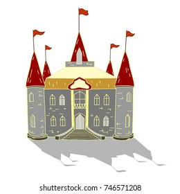 Colorful Comic Drawing of Ancient Castle with Shadow. Silhouette of the Medieval Knight House. Tower in a Flat Style. Vector Illustration