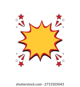 Colorful comic explosion burst shape with star elements, isolated on white background, pop art style illustration for promotion, announcement, sale, and attention grabbing design