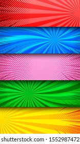 Colorful comic explosive horizontal banners with radial rays and halftone effects. Vector illustration