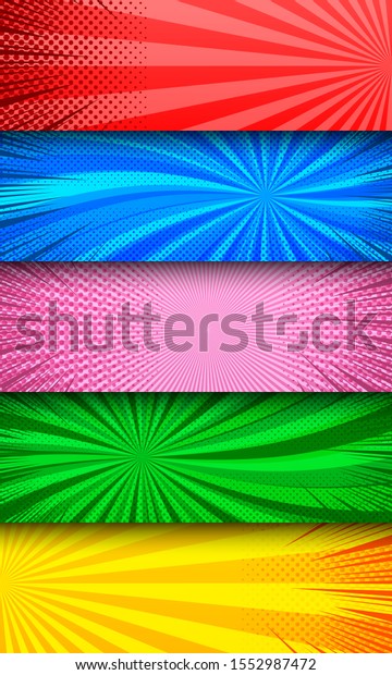 Colorful comic explosive\
horizontal banners with radial rays and halftone effects. Vector\
illustration