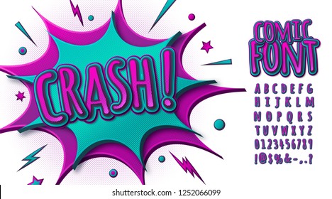 Colorful comic font, children's alphabet in style of comics, pop art. Multilayer funny pink-blue letters on comic book page with speech bubbles for decoration of kid's illustrations, posters, banners.