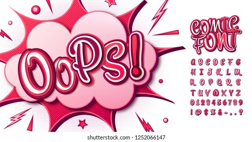 Colorful comic font, children's alphabet in style of comics, pop art. Multilayer funny pink letters on comic book page with speech bubbles for decoration of kid's illustrations, posters, banners.