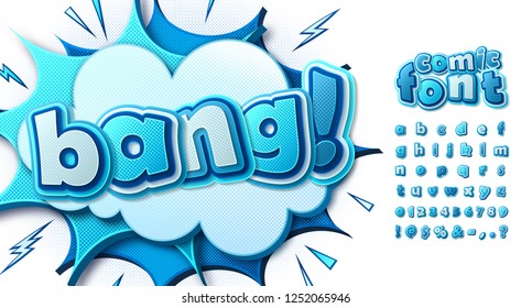 Colorful comic font, kid's alphabet in style of comics, pop art. Multilayer funny blue letters on comic book page with speech bubbles for decoration of children's illustrations, posters, banners.