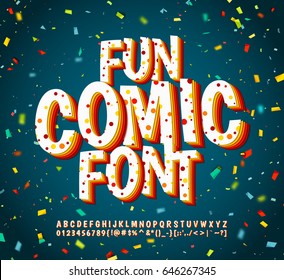 Colorful comic font on blue background with multicolored confetti. Alphabet in style of comics, pop art. Multilayer funny letters for decoration of kids' illustrations, greeting card, posters, banners