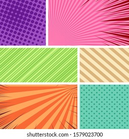 Colorful comic frames composition with halftone radial rays stripes effects. Vector illustration