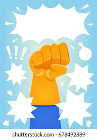 Colorful Comic Illustration Featuring a Gloved Hand Balled Into a Fist Surrounded by Blank Sound Effects