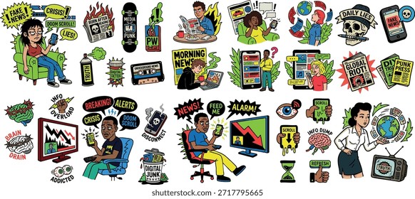 Colorful comic illustrations feature diverse characters experiencing news alerts emergency alarms and social media notifications expressing various emotions including shock concern and curiosity ideal for editorial content digital communication or educational contexts lively and engaging