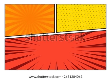 Colorful comic manga panel background with halftone and rays effect
