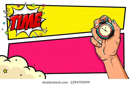 Colorful comic page background with hand hold stopwatch illustration