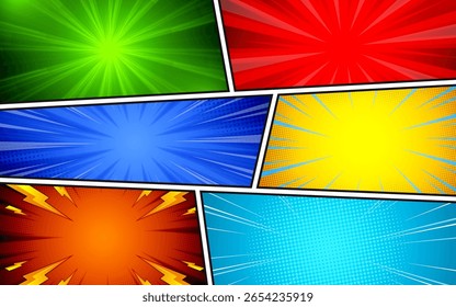 Fondo colorido de la página del cómic en estilo del arte pop. Ilustración vectorial.